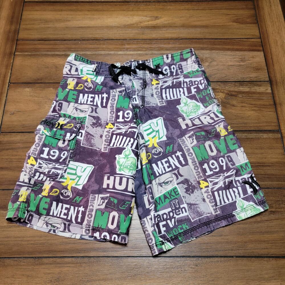 Hurley 1999 Green B&W Graphic Boys Board Shorts - Size 14